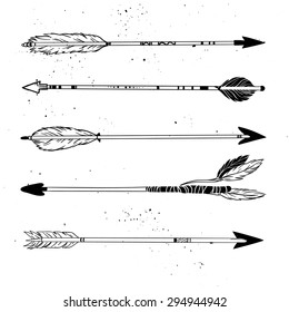 Hand drawn vector illustration.  Vintage decorative arrows collection.  Tribal design elements.