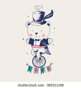  hand drawn vector illustration in vintage style.Baby Bear ridding on a bicycle. Bear gentleman/can be used as kids or baby's shirt design/textile/ fashion