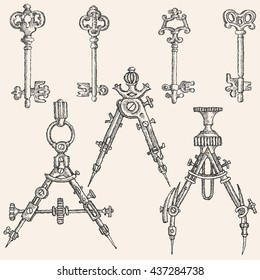 Hand drawn vector illustration.Set of vintage Keys and Compasses in steampunk style.