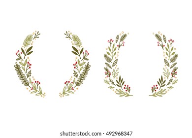 Hand drawn vector illustration. Vintage decorative kit of christmas laurels and wreaths. Perfect for invitations, greeting cards, blogs, posters and more. Merry xmas and happy new year