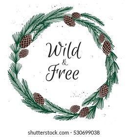 Hand drawn vector illustration. Vintage decorative christmas wreath.  Perfect for invitations, greeting cards, quotes, blogs, posters and more. 