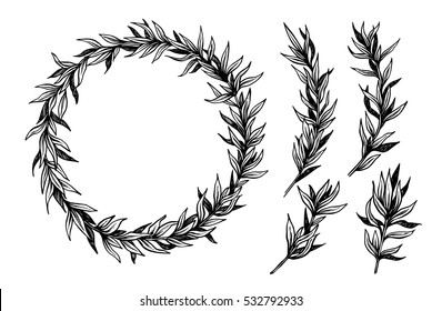 Hand Drawn Vector Illustration. Vintage Decorative Laurel Wreath. Perfect For Invitations, Greeting Cards, Quotes, Blogs, Posters And More.