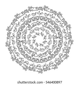 Hand drawn vector illustration. Vintage lace mandala, coloring for adult page. Vine, grapes, bottles, glasses, wine, wave ivy, swirl elements. Set of round frames, victorian style. Black line