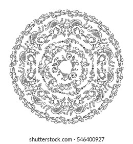 Hand drawn vector illustration. Vintage lace mandala, coloring for adult page. Vine, grapes, bottles, glasses, wine, wave ivy, swirl elements. Set of round frames, victorian style. Black line