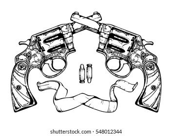 Hand drawn vector illustration. Vintage illustration crossed gun (pistols). Perfect for: tattoo, t-shirts,print concept, posters, scrapbooking, publications, etc.