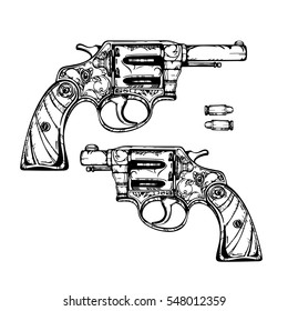 Hand drawn vector illustration. Vintage illustration gun (pistols). Perfect for: tattoo, t-shirts,print concept, posters, scrapbooking, publications, etc.