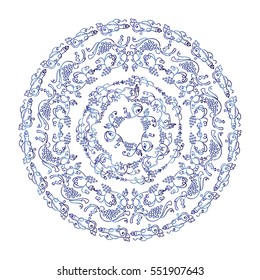 Hand drawn vector illustration. Vintage lace mandala, pretty art in nature style. Vine, grapes, bottles, glasses, wine, wave ivy, swirl elements. Set of round frames, victorian style. Blue watercolor
