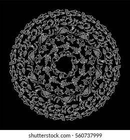 Hand drawn vector illustration. Vintage lace mandala, pretty art in chalkboard style. Vine, grapes, bottles, glasses, wine, wave ivy, swirl elements. Set of round frames. Black and white colors