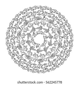 Hand drawn vector illustration. Vintage lace mandala, coloring for adult page. Vine, grapes, bottles, glasses, wine, wave ivy, swirl elements. Set of round frames, victorian style. Black line