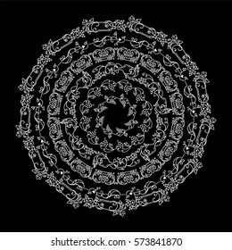 Hand drawn vector illustration. Vintage lace mandala, pretty art in chalkboard style. Vine, grapes, bottles, glasses, wine, wave ivy, swirl elements. Set of round frames. Black and white colors 