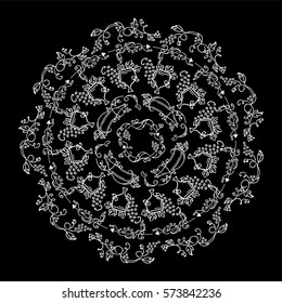 Hand drawn vector illustration. Vintage lace mandala, pretty art in chalkboard style. Vine, grapes, bottles, glasses, wine, wave ivy, swirl elements. Set of round frames. Black and white colors 