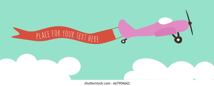 a hand drawn vector illustration of a vintage plane with a ribbon to place text; in a cartoon flat simple style; long horizontal banner great for ads and as a header for landing pages and blogs