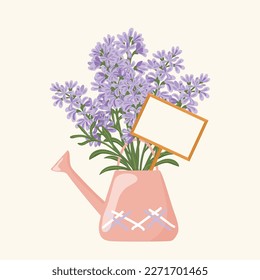 Hand drawn vector illustration of  violet lavender flowers bouquet in a watering can with a plate for your text