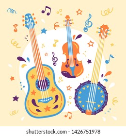 Hand drawn vector illustration Violin, Banjo, and Acoustic Guitar. Banner for Live music festival.