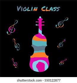 a hand drawn vector illustration of a violin with clefs; a colorful poster for  a music class