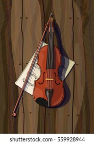 a hand drawn vector illustration of a violin with a bow and notes on wooden background