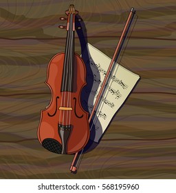 a hand drawn vector illustration of a violin with a bow and notes on wooden background