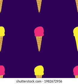 Hand drawn vector illustration of waffle cone with ball of ice cream or gelato in bright colors. Seamless pattern