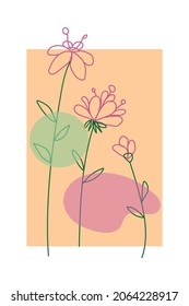 Hand drawn vector illustration.
Wall art with abstract shapes and flowers. Modern, eye-catching design. Natural colors.