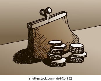 Hand drawn vector illustration of the Wallet with money. Sketch of a purse with coins. 

