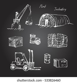 Hand drawn vector illustration of  warehousing on chalkboard background.