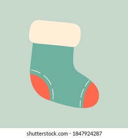 Hand drawn vector illustration of warm winter woolen sock in Scandinavian style. Trendy flat design elements for winter clothes.