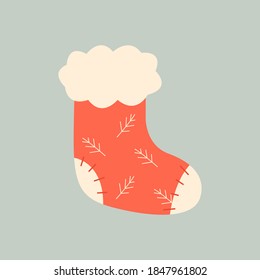 Hand drawn vector illustration of warm winter woolen sock in Scandinavian style. Trendy flat design elements for winter clothes.