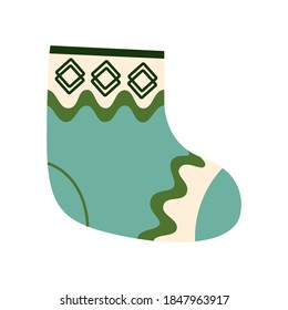 Hand drawn vector illustration of warm winter woolen sock in Scandinavian style. Trendy flat design elements for winter clothes.