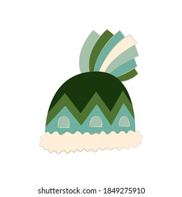Hand drawn vector illustration of warm winter woolen hat in scandinavian style. Trendy flat design elements for winter clothing.