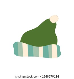 Hand drawn vector illustration of warm winter woolen hat in scandinavian style. Trendy flat design elements for winter clothing.