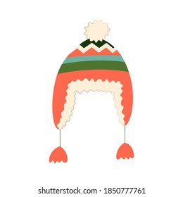 Hand drawn vector illustration of warm winter woolen hat in scandinavian style. Trendy flat design elements for winter clothing.