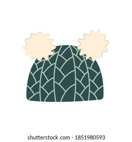Hand drawn vector illustration of warm winter woolen hat in scandinavian style. Trendy flat design elements for winter clothing.
