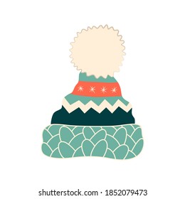 Hand drawn vector illustration of warm winter woolen hat in scandinavian style. Trendy flat design elements for winter clothing.