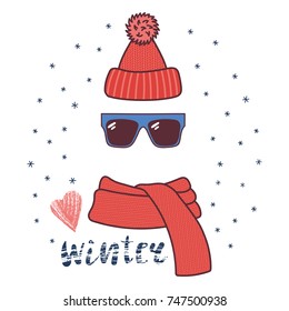 Hand drawn vector illustration of a warm funny knitted hat, sunglasses, muffler, text Winter, heart. Isolated objects on white background with snowflakes. Design concept for winter, cold weather, snow