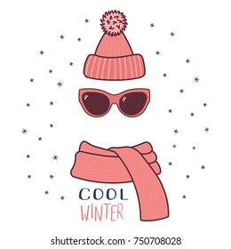 Hand drawn vector illustration of a warm funny knitted hat, sunglasses, muffler, text Cool winter. Isolated objects on white background with snowflakes. Design concept for winter, cold weather, snow.