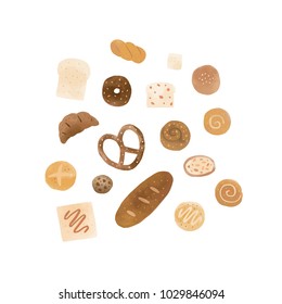 Hand drawn vector illustration of watercolor bread and bakery product set on white background.Baking in watercolor style.