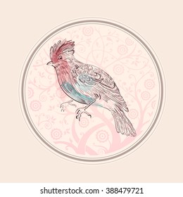 Hand drawn vector illustration in watercolor vintage style with beautiful bird. Decorative art print. Graphic art