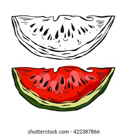 Hand drawn vector illustration of  watermelon slice. Color version and lined black and white.