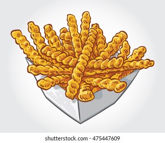  Hand drawn vector illustration of Wavy Fries in a paper box.