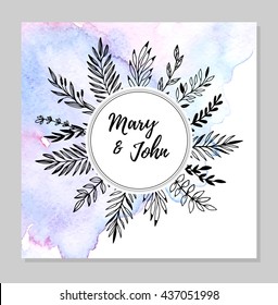 Hand drawn vector illustration - Wedding invitation card with watercolour background.  