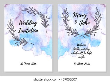 Hand Drawn Vector Illustration - Wedding Invitation Card With Watercolour Background.  