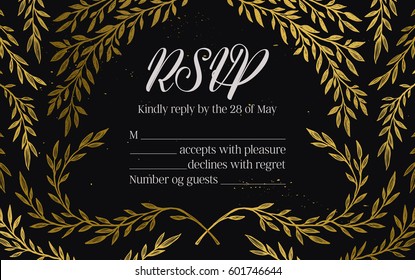 Hand drawn vector illustration - wedding invitation RSVP with vintage branches and inky splashes. Gold botanical leaves. Perfect for invitations, greeting cards, blogs, posters and more.