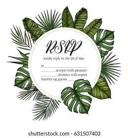 Hand drawn vector illustration - wedding invitation RSVP with palm leaves. Tropical label. Perfect for invitations, greeting cards, blogs, posters and more