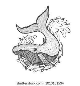 Hand drawn vector illustration of whale with wave and splash