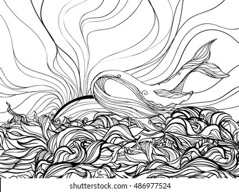 Hand drawn vector illustration of whale, sea swirls and sun on white background. sketch. Vector eps 8