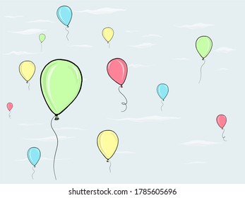 Hand drawn vector illustration. Whimsical and colorful balloons in the sky with clouds. 