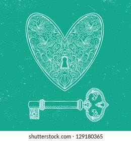 hand drawn vector illustration of white ornamental heart shape on emerald green background. Concept image of love, wedding, anniversary for valentines day card, invitation, fashionable t-shirt print.