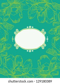 hand drawn vector illustration of white ornamental flowers on emerald green background. Concept image of love, spring, happiness, for valentine card, invitation, stationary blank.