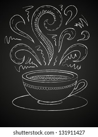 Hand drawn vector illustration of white cup and curly ornaments on blackboard. Concept image of coffeehouse, restaurant, menu, cafe, coffee shop, leisure, morning, evening, date, tea house, aroma