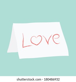 hand drawn vector illustration of white paper folded in two with text written on front, love, on blue background